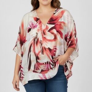 Maggie Barnes Pink Red Floral Semi Sheer Dolman Blouse‎ Size 4X